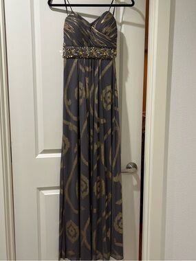Betsy & Adam Gray Evening Gown with Gold Metallic Accents